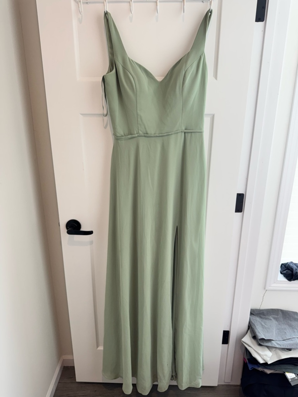 Azazie Sage Green V-Neck Maxi Dress with Front Slit